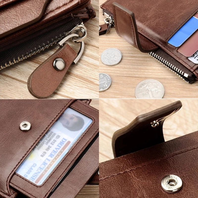 Men’s Leather Wallet – RFID Short Card Holder with Zipper