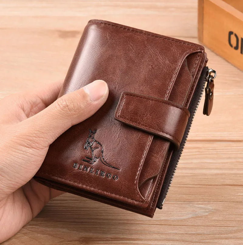 Men’s Leather Wallet – RFID Short Card Holder with Zipper