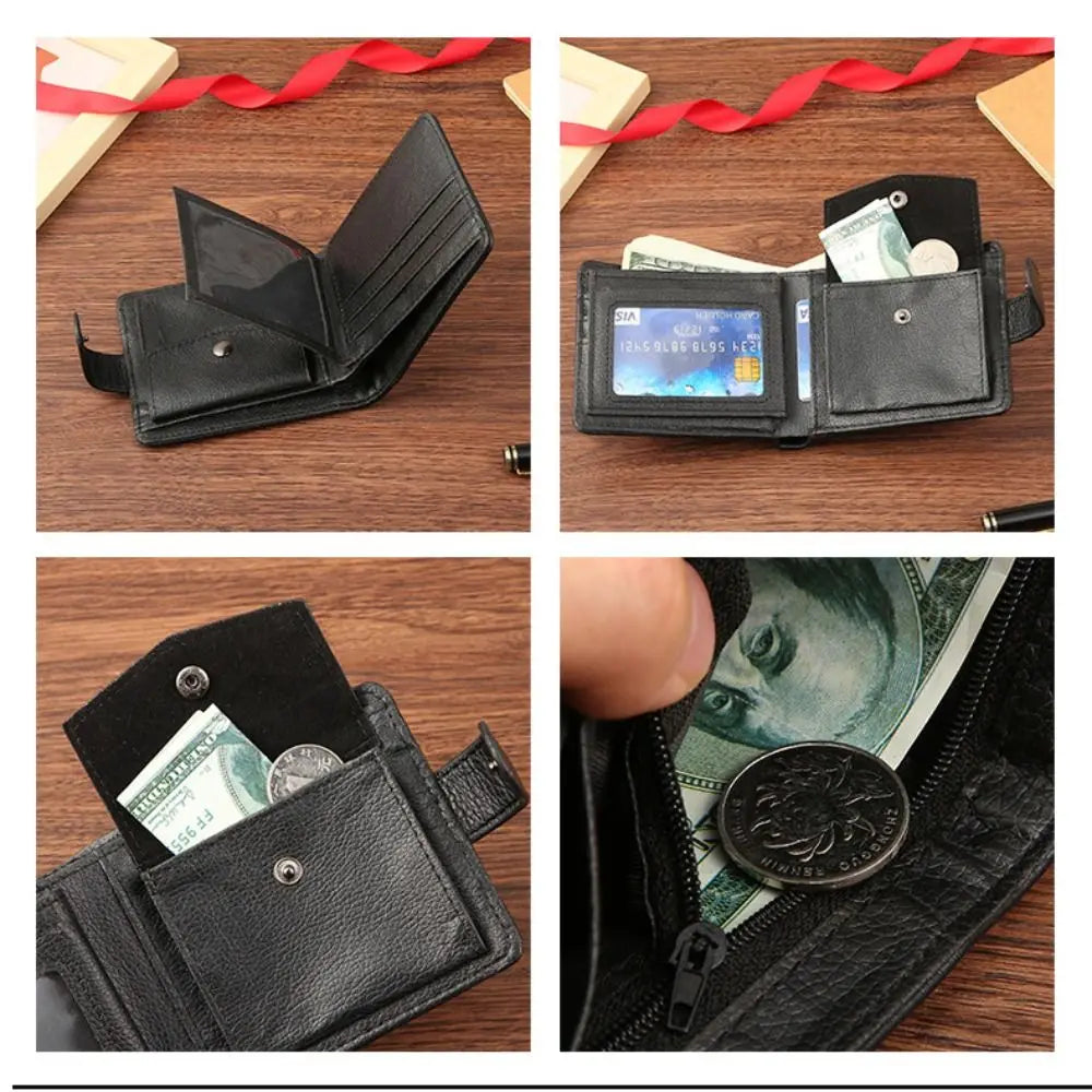 Men's Compact Leather Wallet – Zippered Multi-Card Design