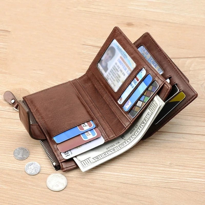 Men’s Leather Wallet – RFID Short Card Holder with Zipper