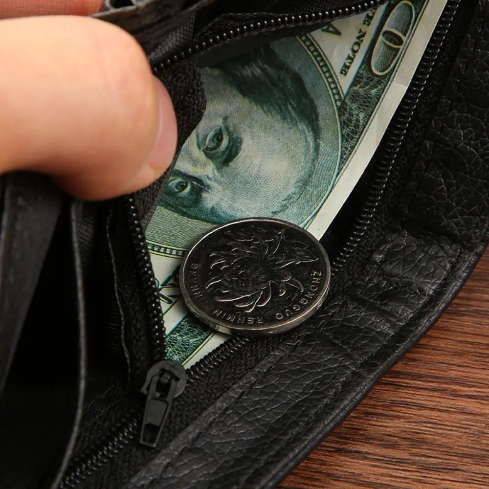 Men's Compact Leather Wallet – Zippered Multi-Card Design