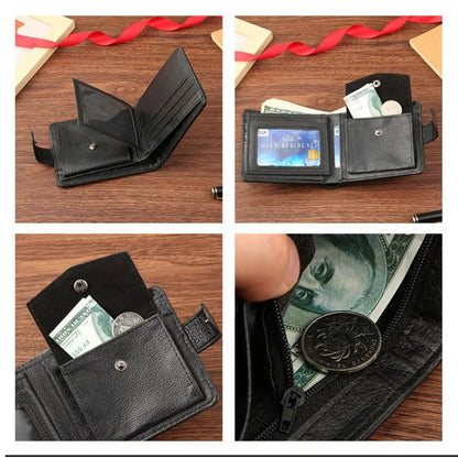 Men's Compact Leather Wallet – Zippered Multi-Card Design