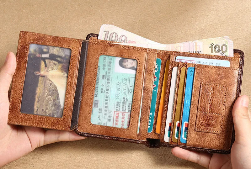 Men's Leather Trifold Wallet – ID Window & Card Holder