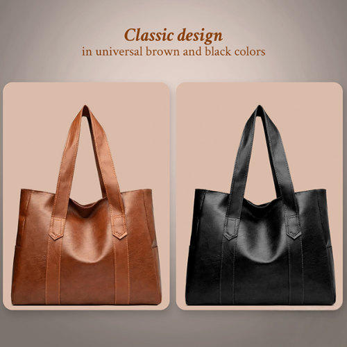 A brown minimalist leather tote bag with wide handles and a modern silhouette, displayed against a wooden backdrop.
